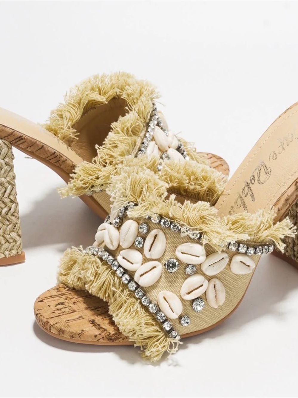 Cape Robbin Beige Cowrie & Fringe Slide Heels